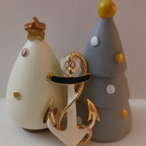 Vintage Anchor Brooch Gold White Navy Enamel